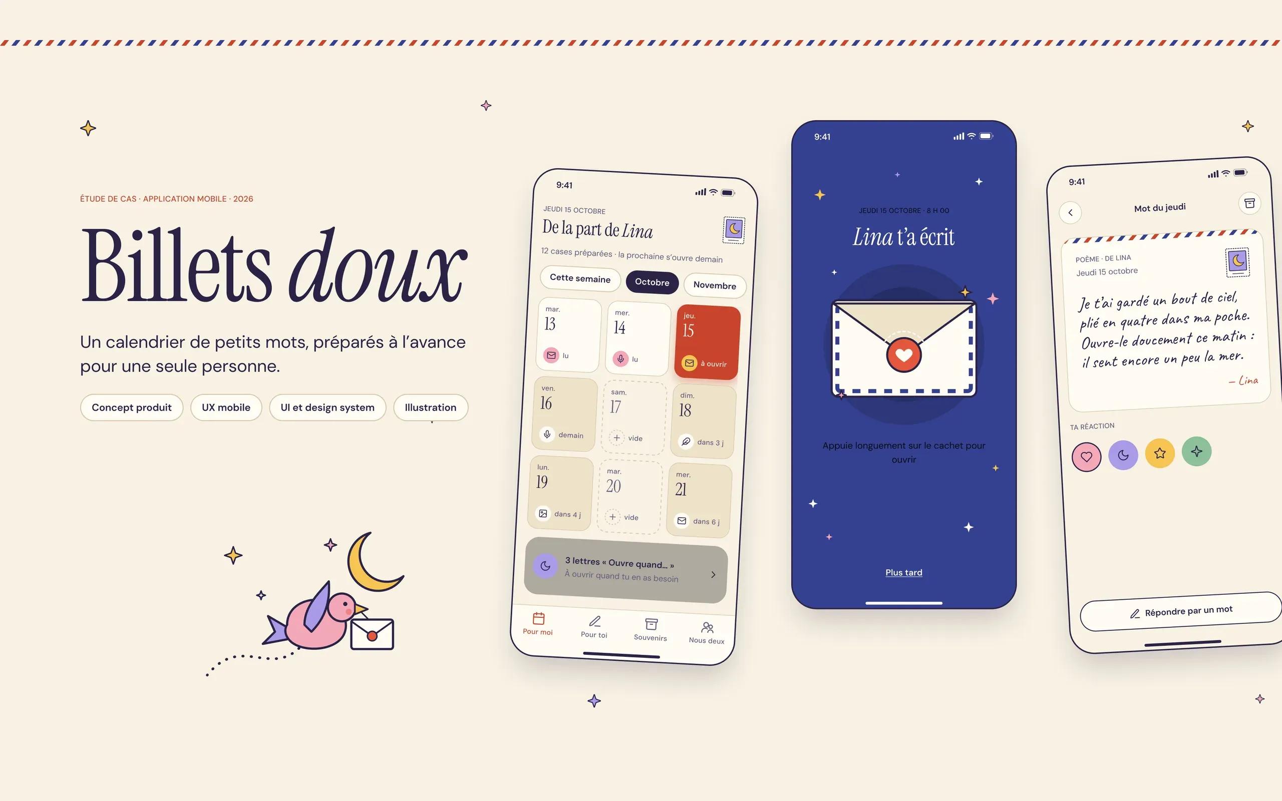 Cover on a cream paper background: the title “Billets doux” on the left with a bird carrying a letter under the moon, and three phone screens from the mockup: the “From Lina” calendar, the opening ritual on a night-blue background and a handwritten poem.