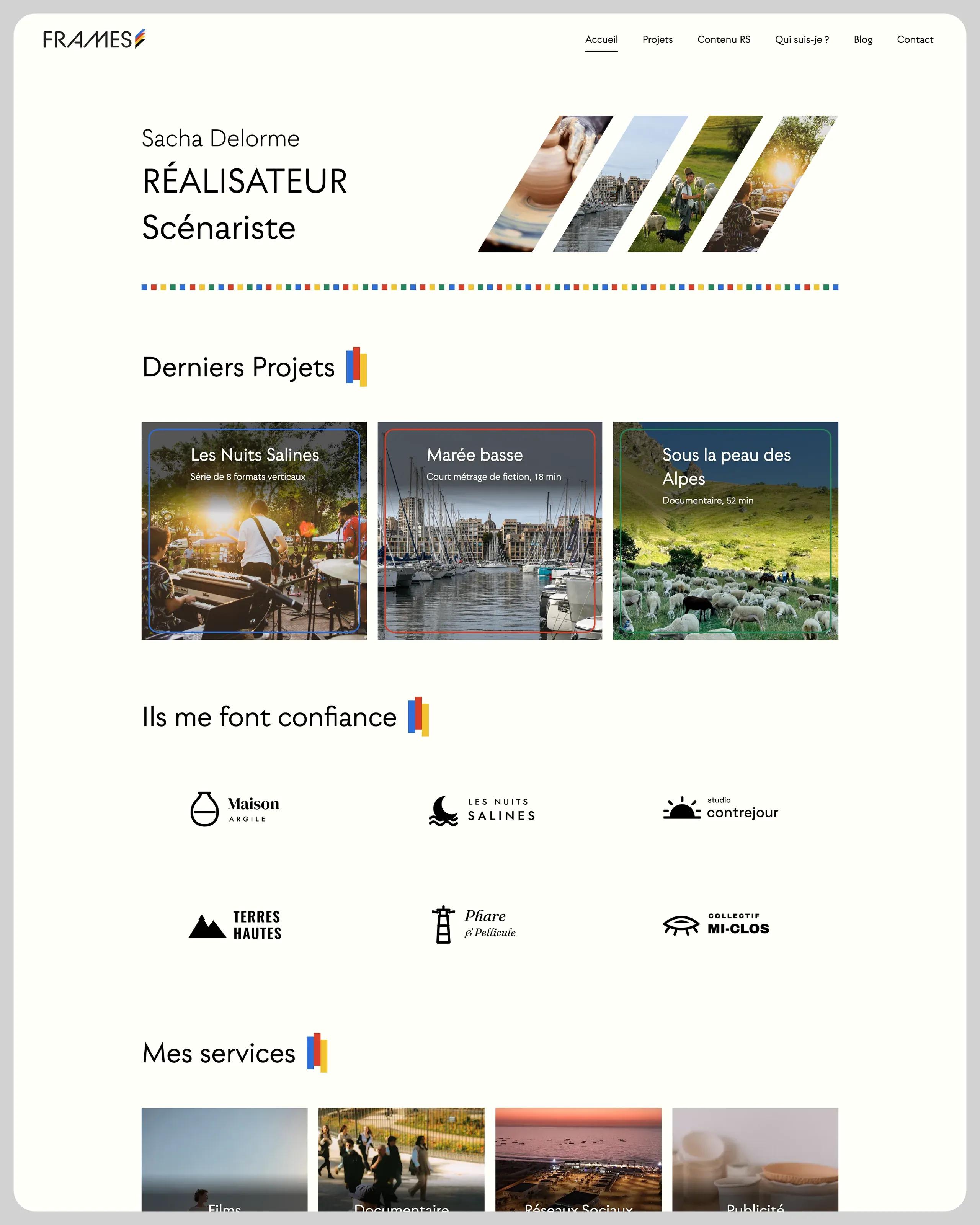 The live home page in 2026: flat navigation, the title “Sacha Delorme, Réalisateur, Scénariste” in Utily, slanted strips, project cards framed in blue, red and green, six partner logos in black, then “Mes services”.