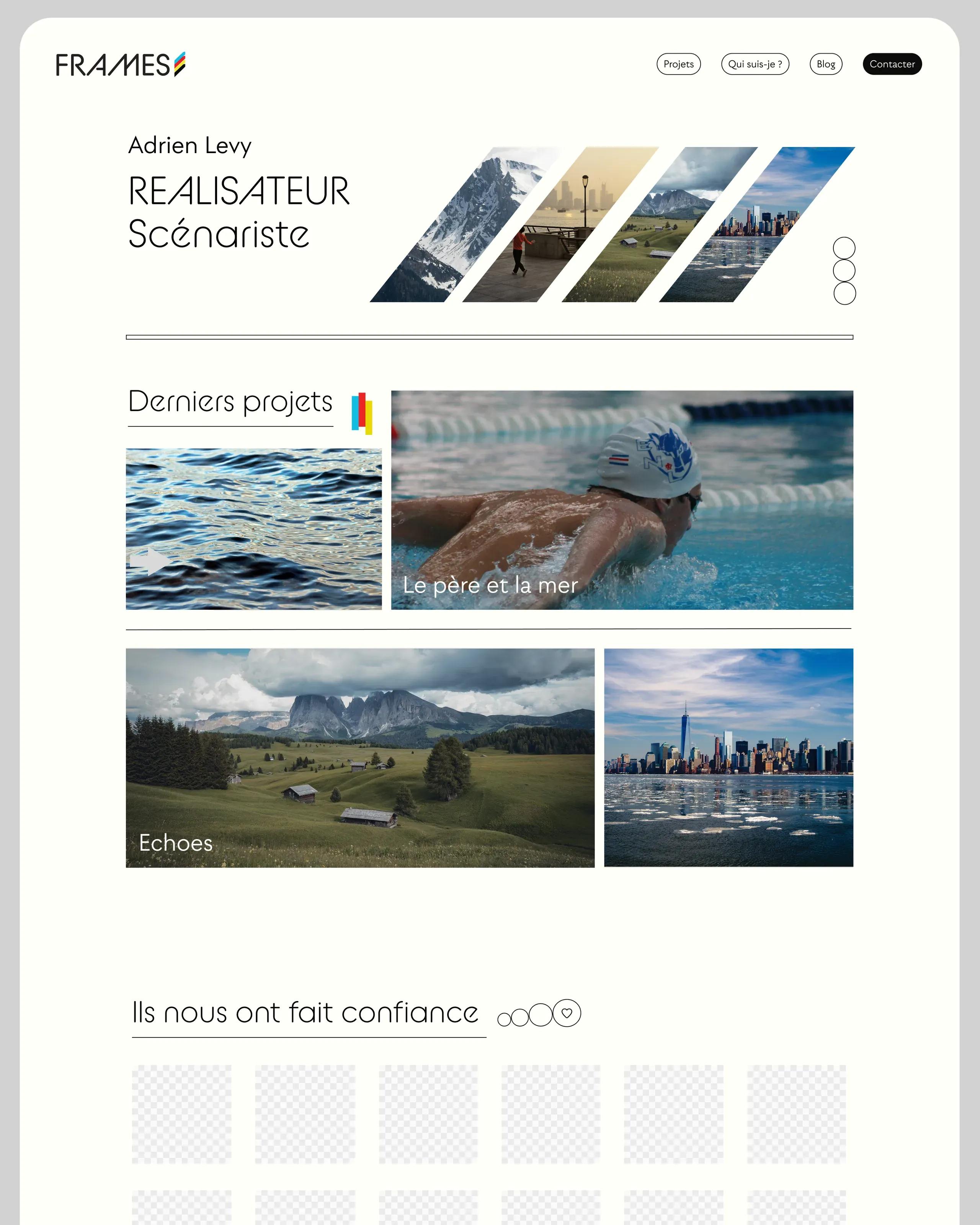 The 2025 mockup: rounded navigation buttons, the title “Adrien Levy, Réalisateur” in a decorative typeface, stock photos, a grid of empty logo slots and cyan, red, yellow and black service strips.