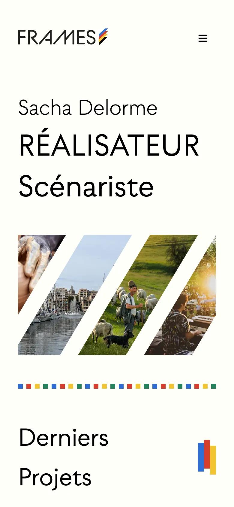 The home page on a phone: the logo and the menu button, the title on three lines, the four slanted strips at full width, the line of colored squares and the start of “Derniers Projets”.