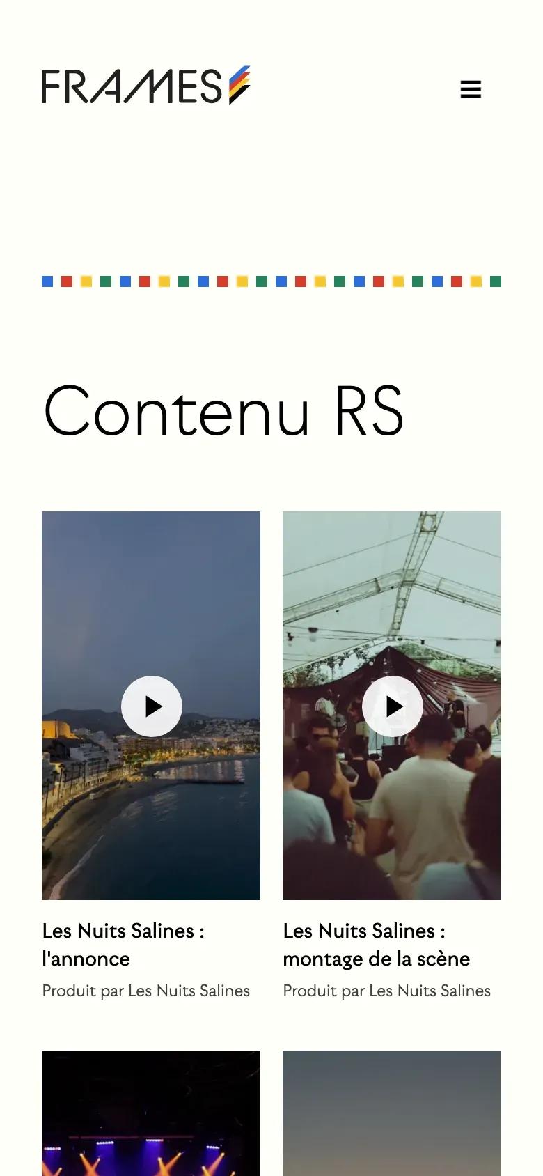 The Contenu RS page on a phone: vertical videos in two columns, each with a play button, a title and “Produit par” (produced by).