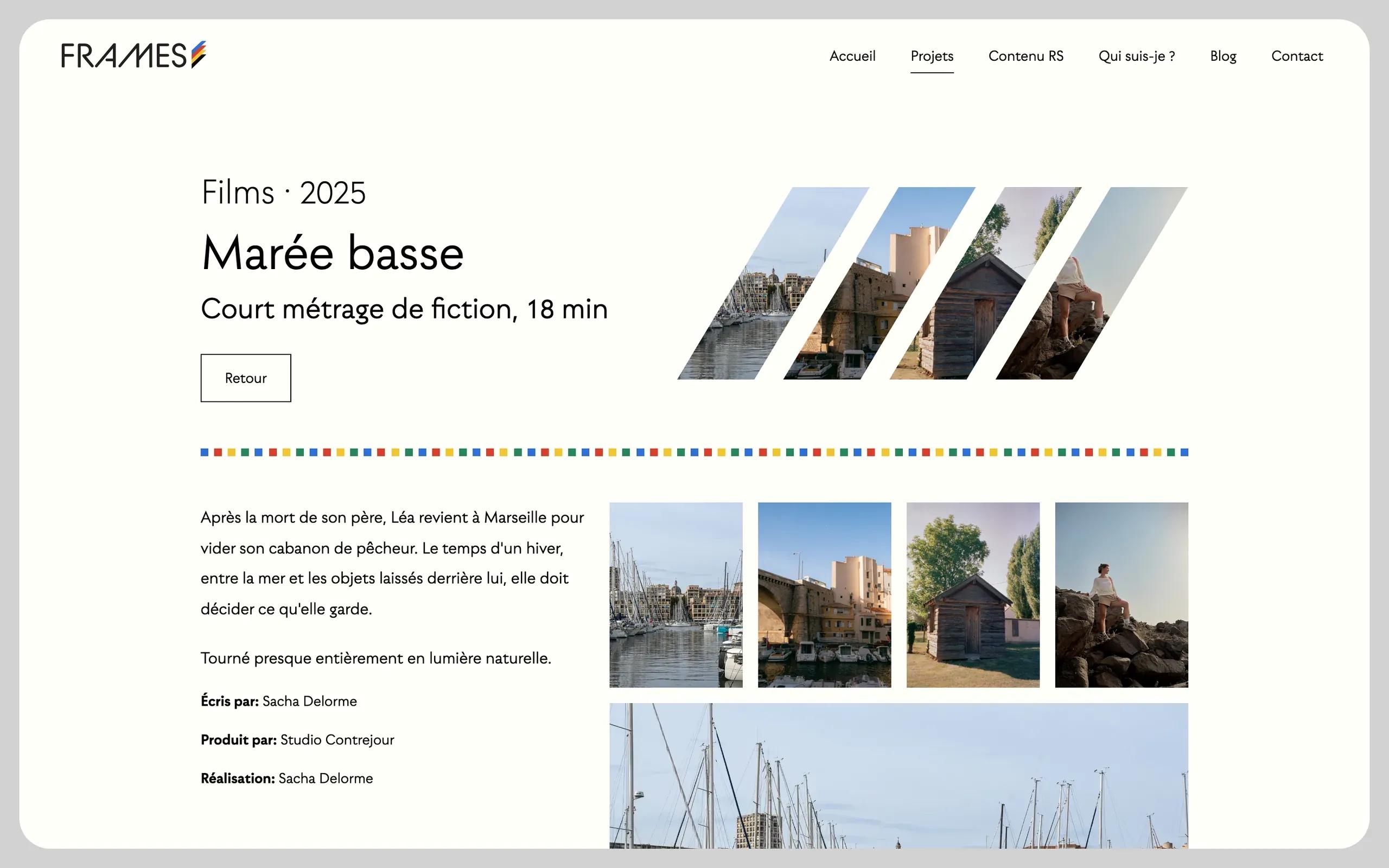 The Marée basse project page on desktop: “Films · 2025”, the title, a back button, four photos in slanted strips, then the film synopsis next to a grid of photos.