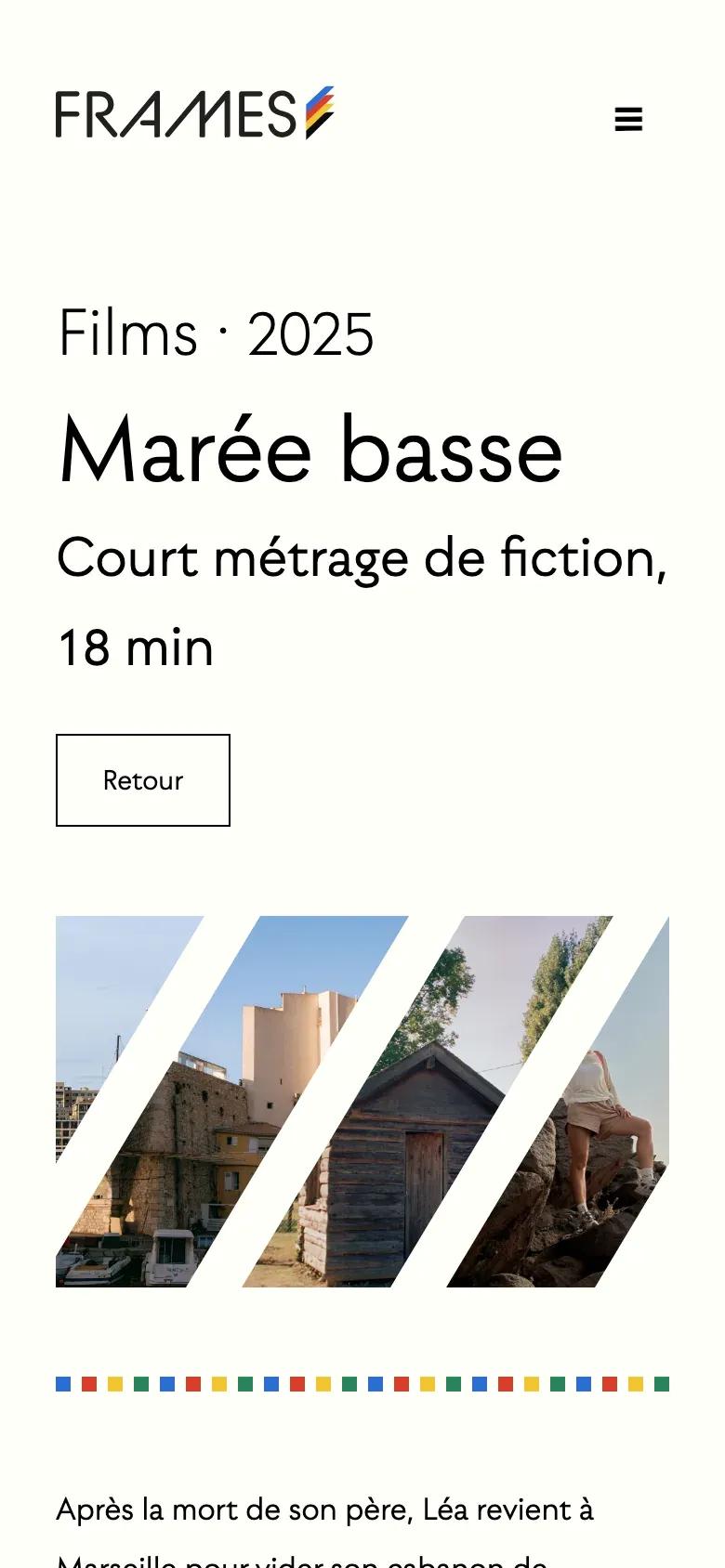 The same page on a phone: the title, the back button and the slanted strips at full width, then the start of the synopsis.
