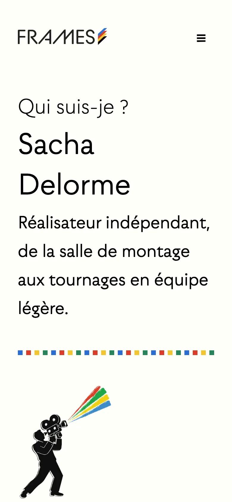 The About page on a phone: “Sacha Delorme”, a one-line introduction, the line of colored squares and the illustration of Sacha above the text.