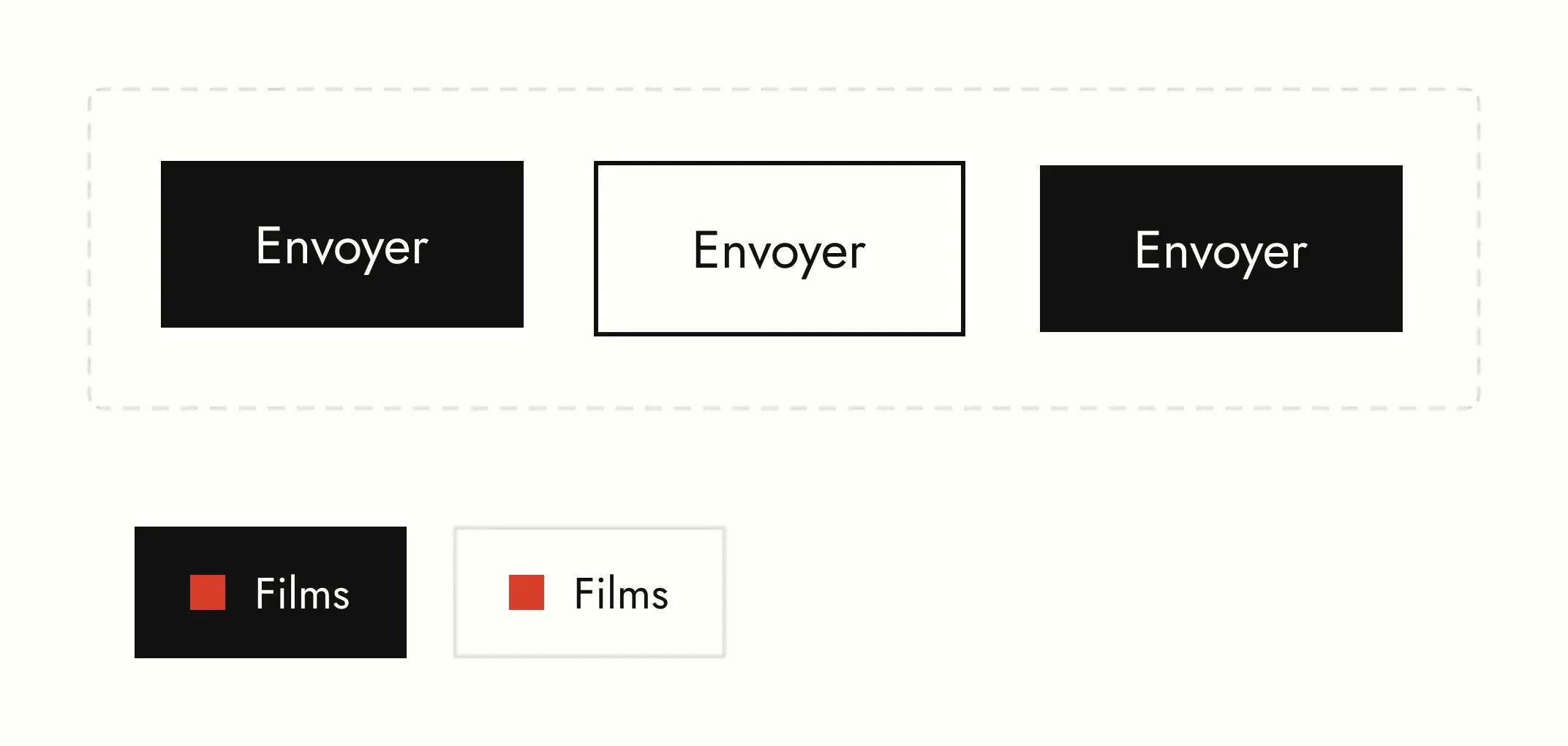 Three “Envoyer” (send) buttons (solid black, outline, black) and two “Films” filters with a red square, active in black and inactive in white.