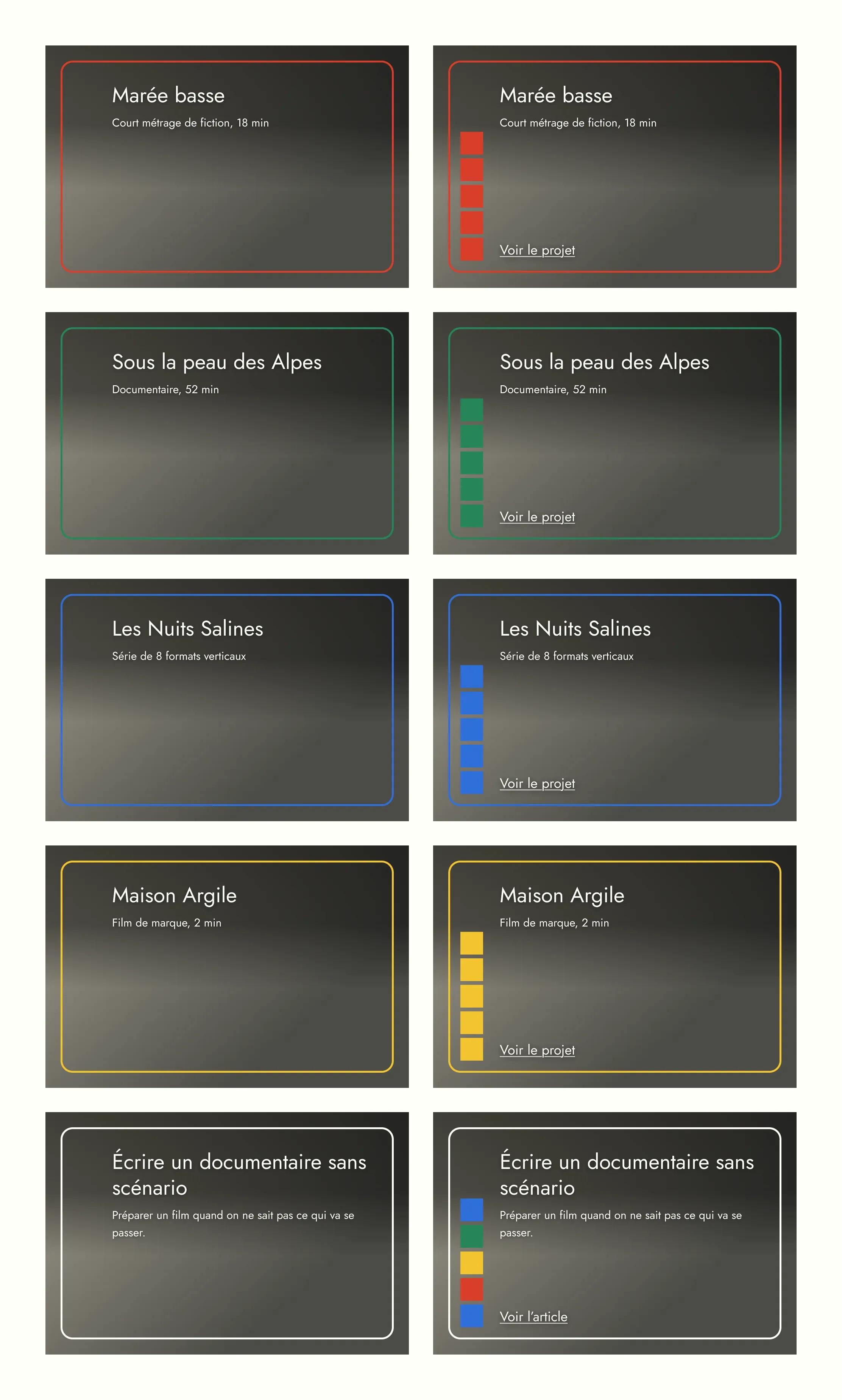 Ten cards on a light background, two per row: each category (red, green, blue, yellow, blog) at rest on the left and hovered on the right, with its column of squares and its link.