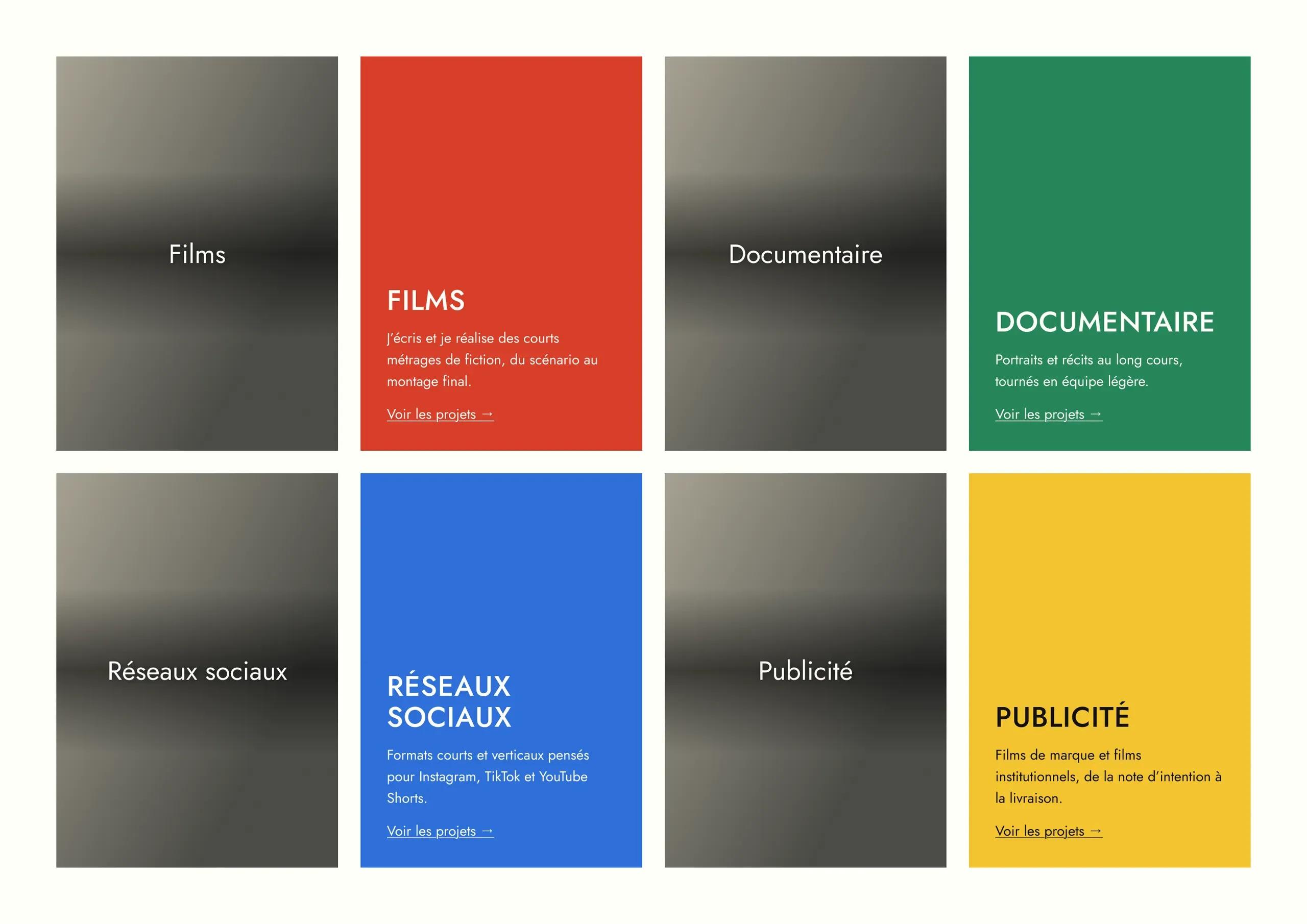 Eight service cards: Films, Documentary, Social media and Advertising, each at rest (name on a dark background) then hovered (red, green, blue or yellow fill with a sentence).