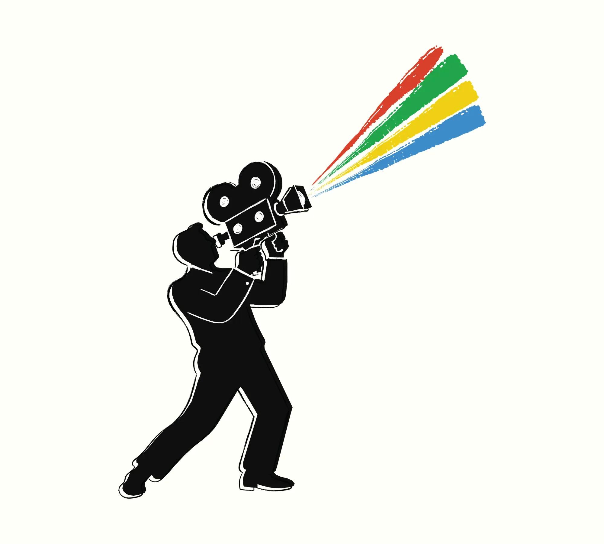 Sacha as a black silhouette with a camera on the shoulder, sending out four blue, red, yellow and green rays, on a light background.