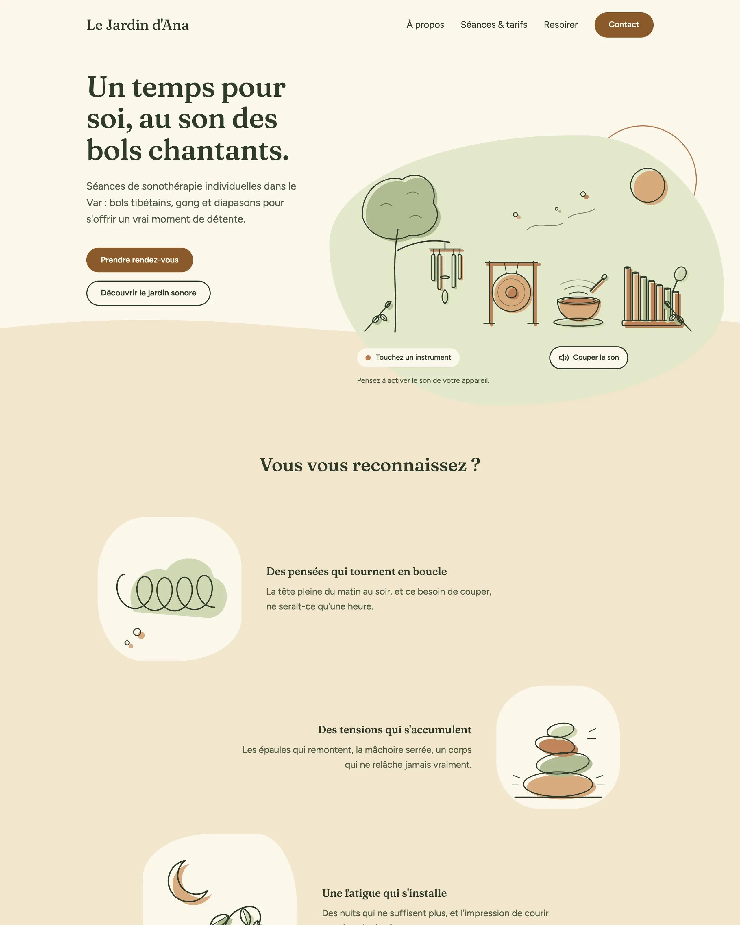 Current home page: a large heading on a cream background, pale sage and sand organic shapes, and line illustrations.