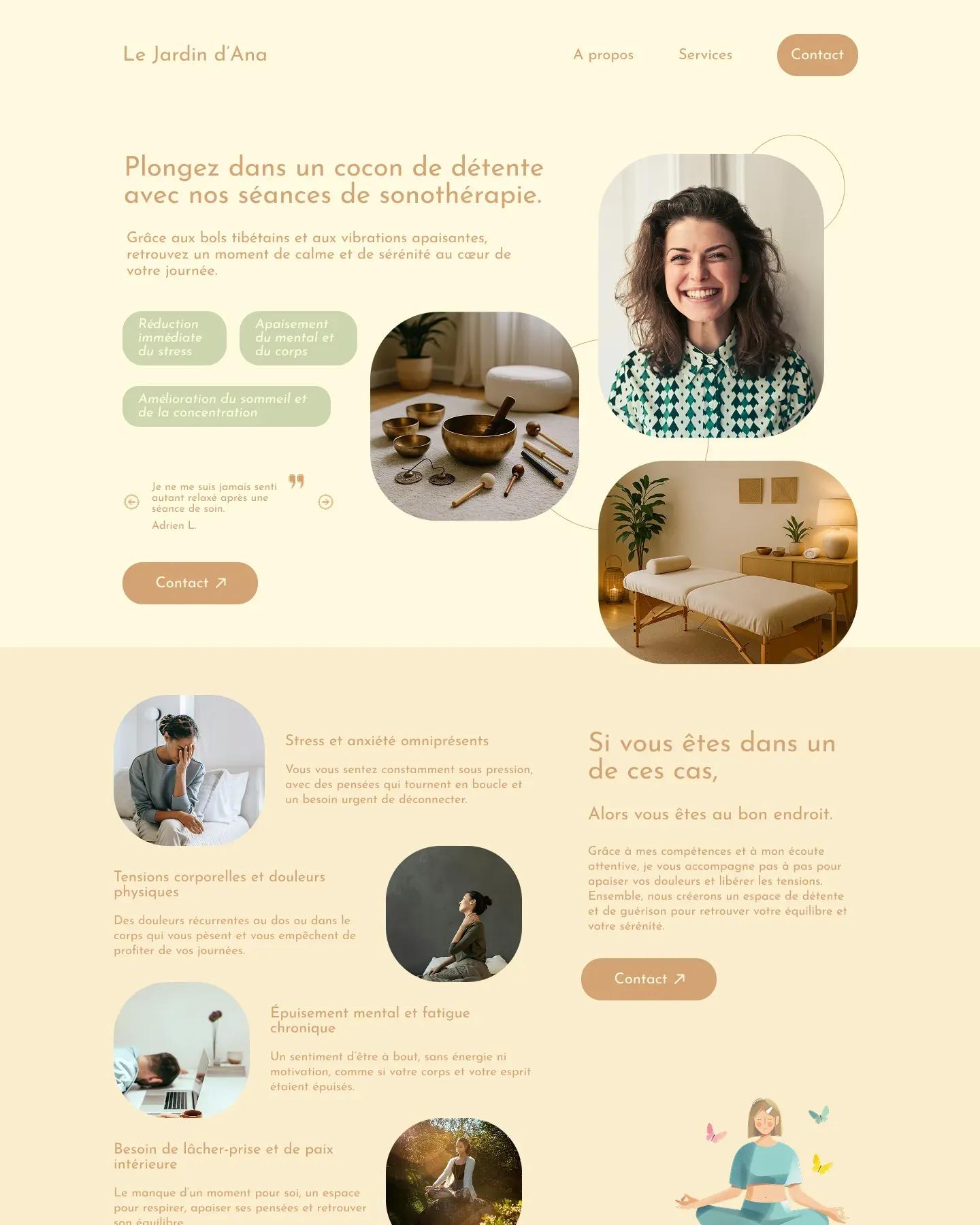 First version of the home page: photos of bowls and sessions, rounded cards and a beige background.