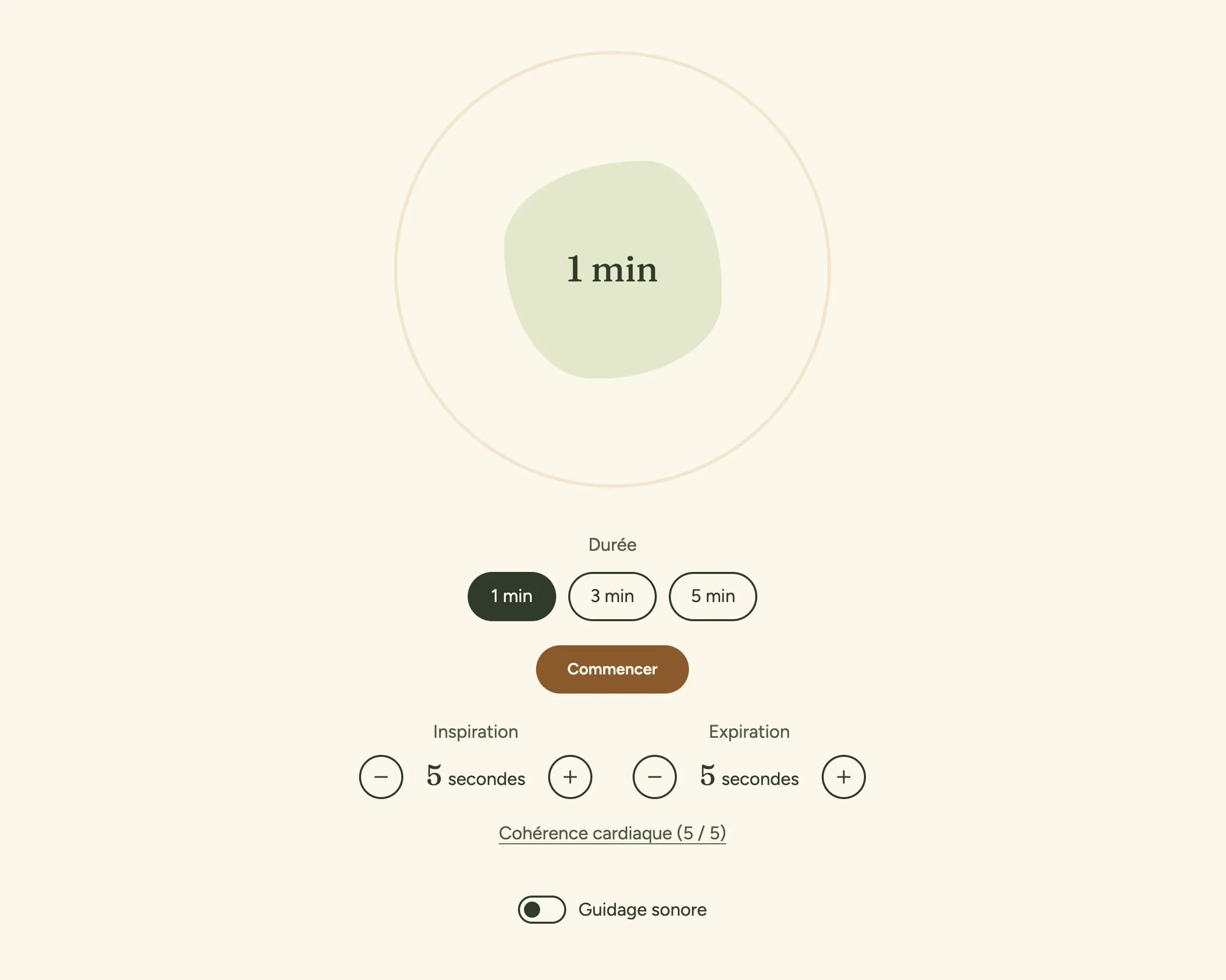 The Breathe page before starting: session length (1, 3 or 5 minutes) and inhale and exhale settings in seconds.