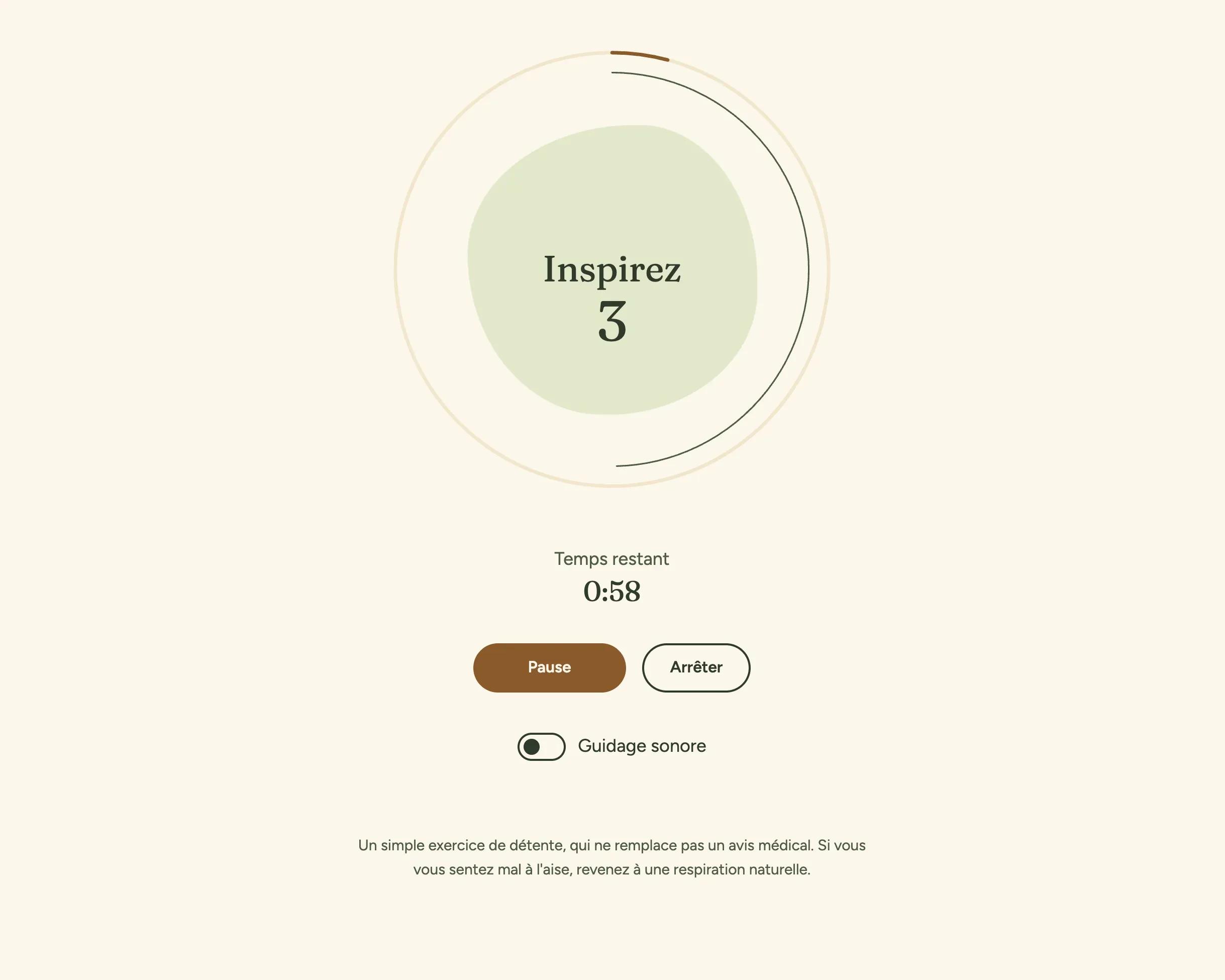 During the inhale: the shape grows and the countdown runs.