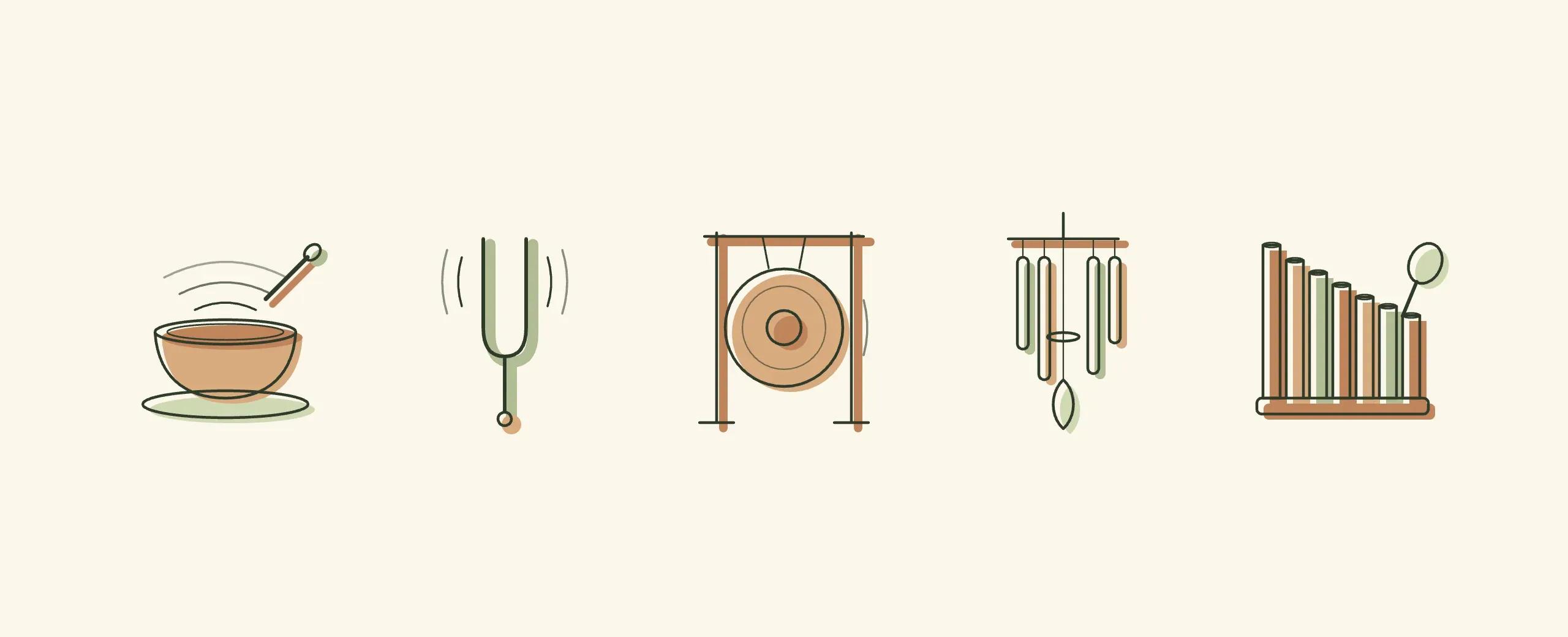 Five illustrated instruments side by side: bowl, tuning fork, gong, wind chimes and tubalophone.