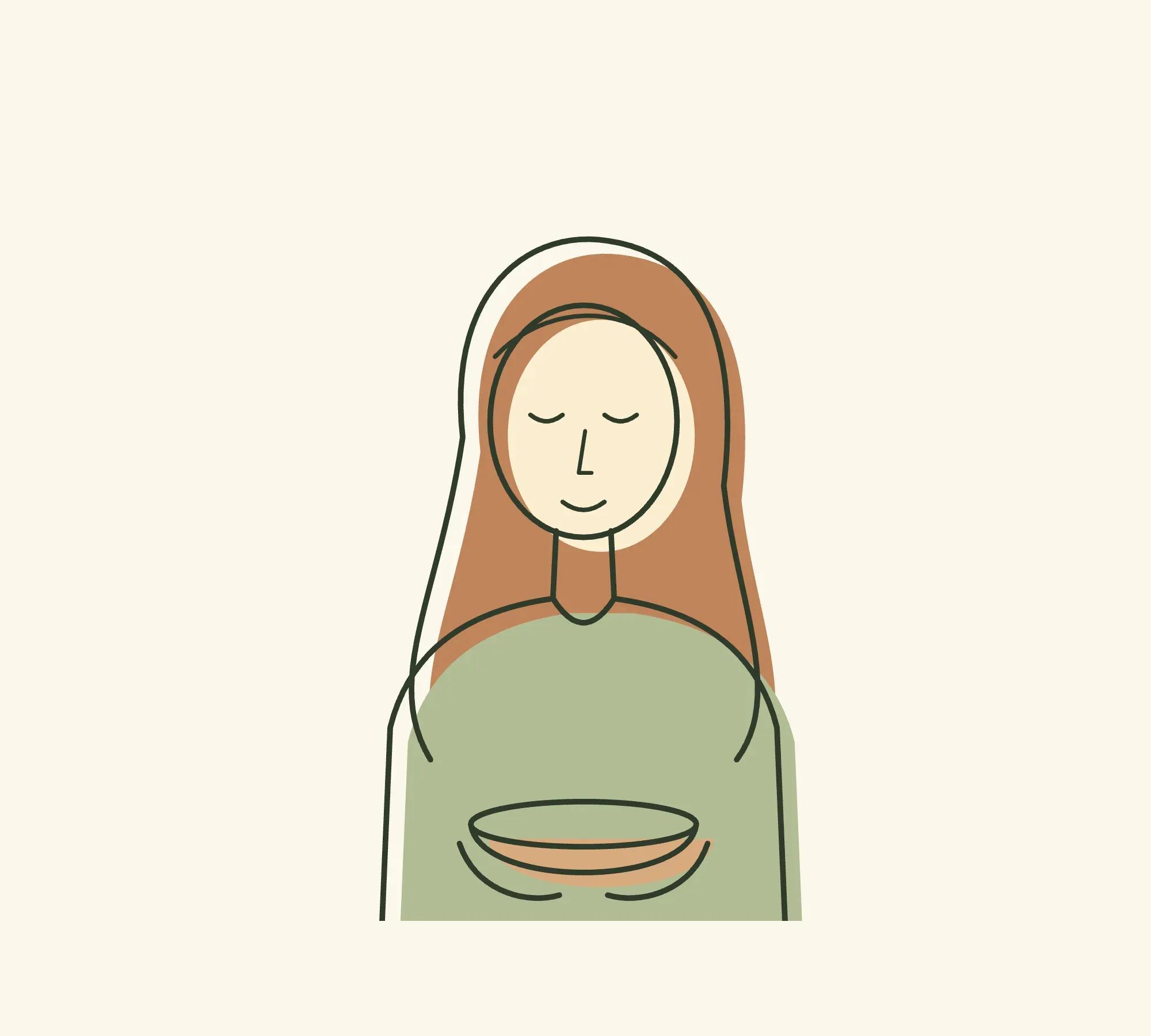 Portrait of Ana, a fictional character, eyes closed, holding a singing bowl.