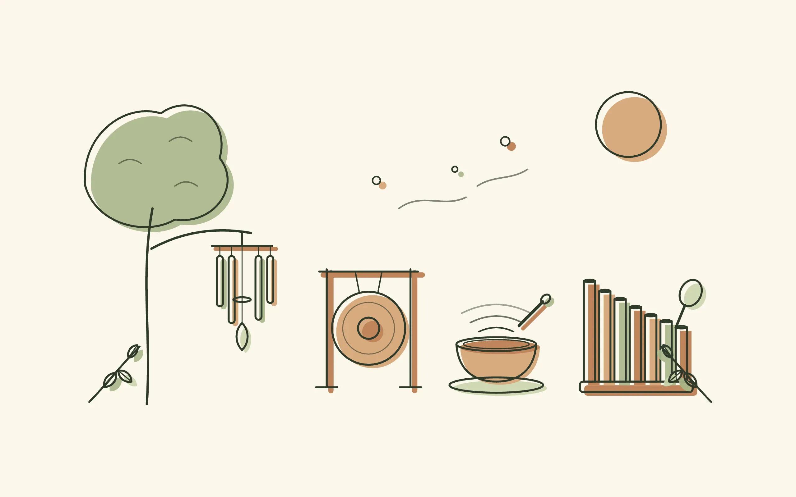 The full sound-garden scene, in ink line with sage and copper flat colour.