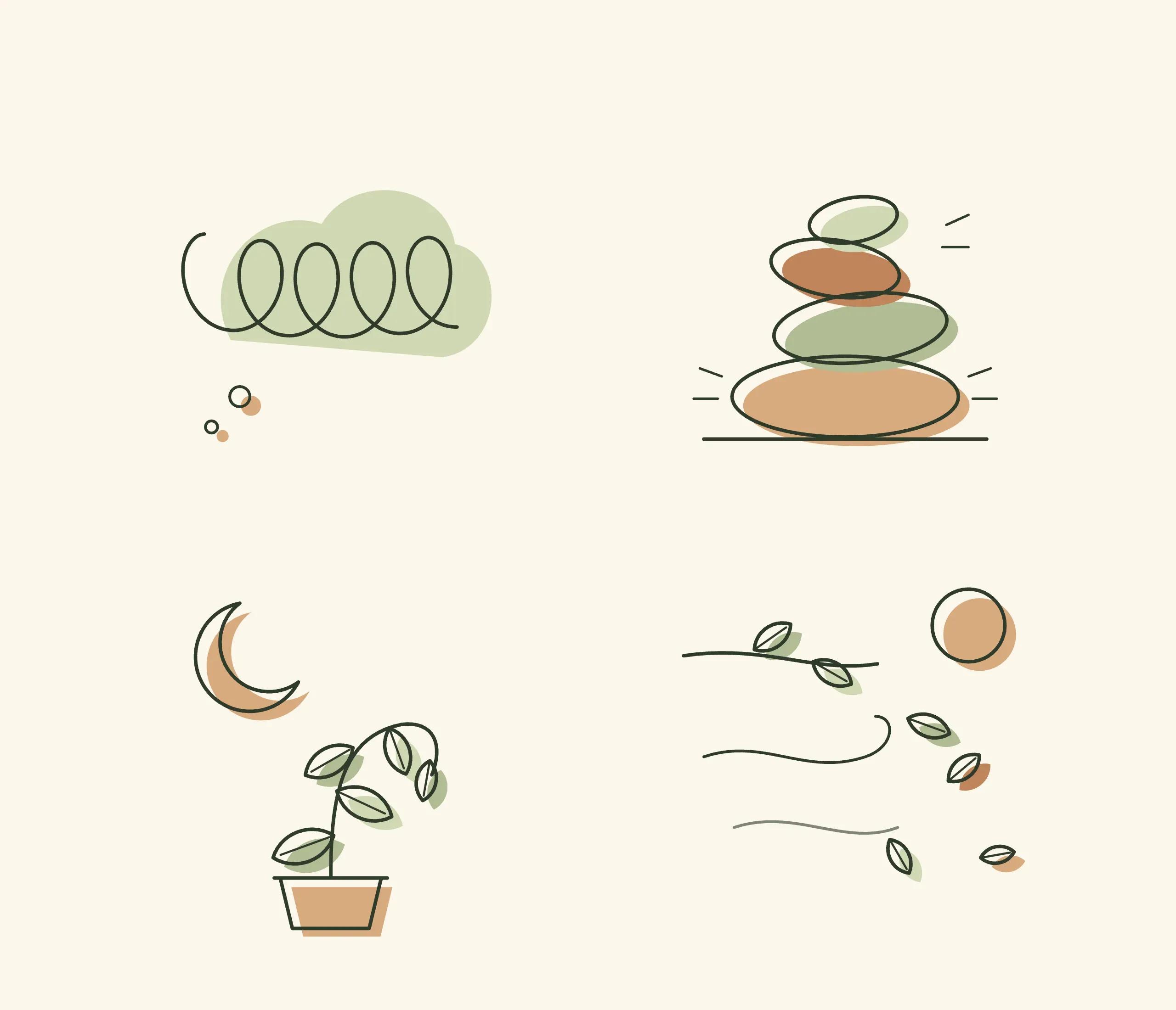 Four vignettes: a stress spiral, stacked pebbles, a plant under the moon, leaves drifting away.