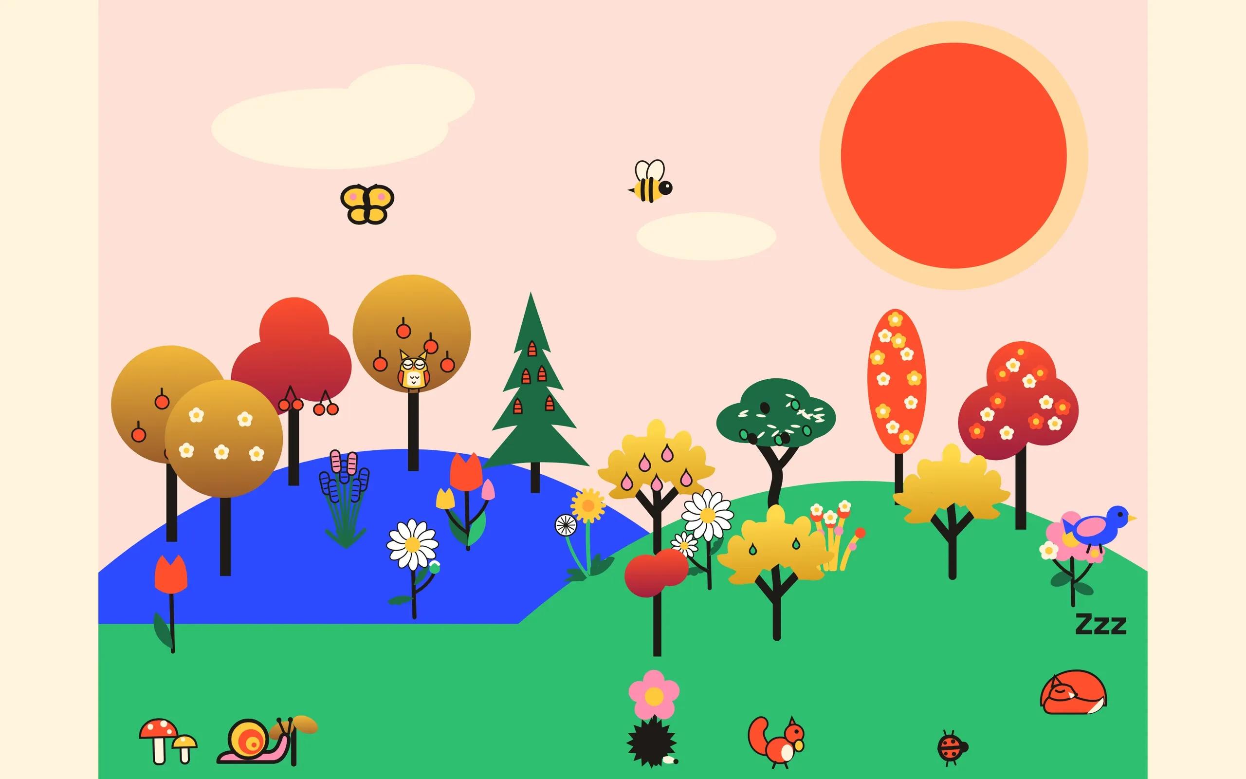 The site's illustrated garden in autumn: hills, trees with golden, brown and red foliage, a fir, an olive tree, flowers and small animals.